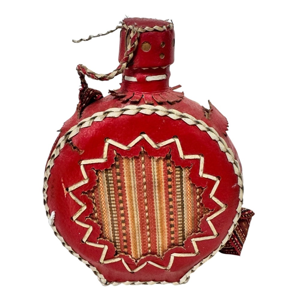 Vintage Red Leather Wrapped Glass Canteen Woven Strap Southwestern Folk Art Boho